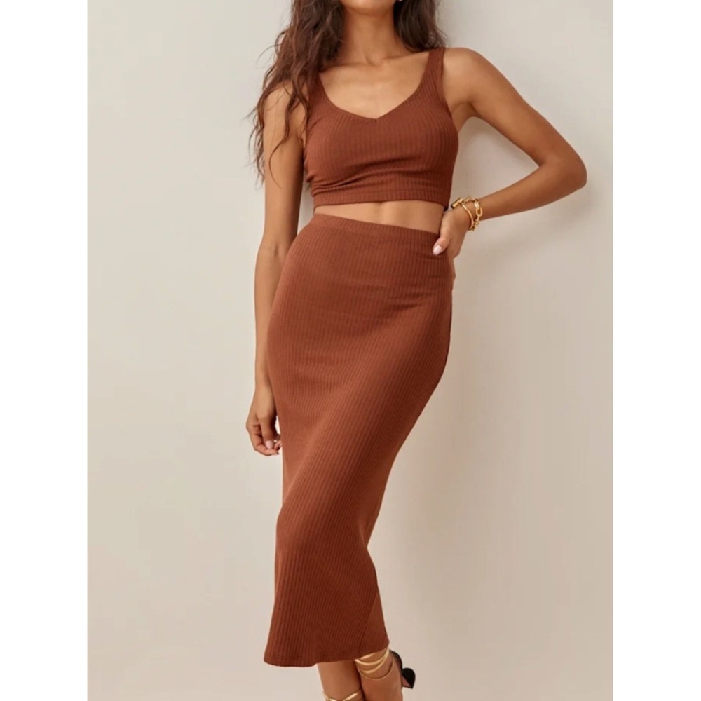 Reformation Ribbed Two-Piece Skirt Set in Brown